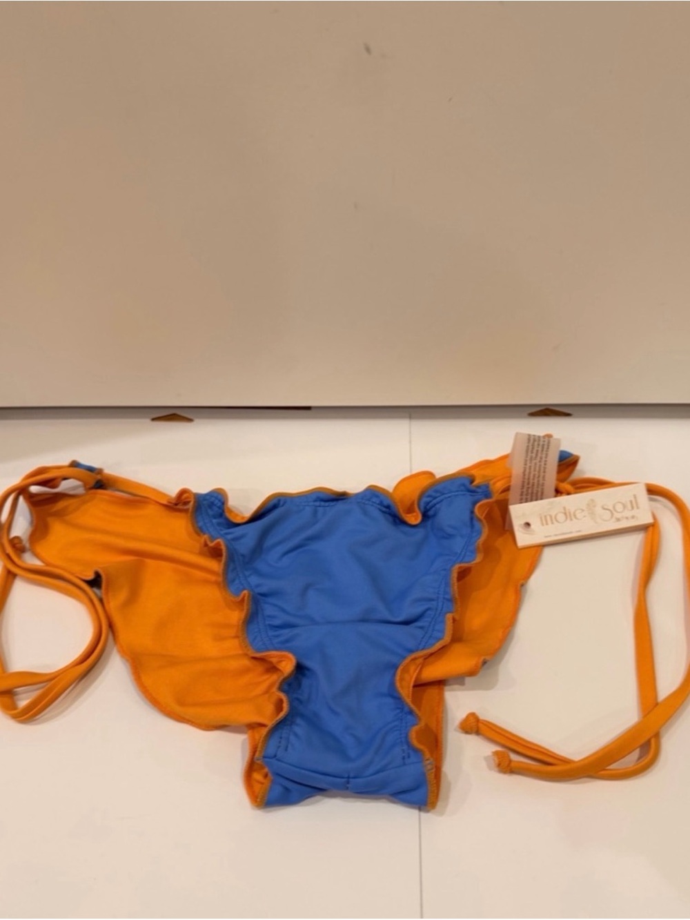 Indie Soul Blue Orange Ruffle Tie Side Bikini Bottom Large NWT